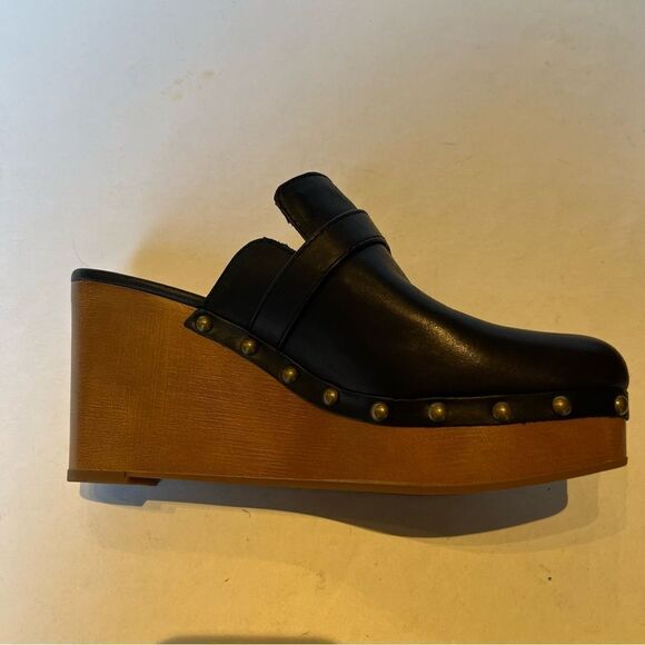 Lucky Brand Black Leather Mules with Wooden Wedge - Picture 9 of 9